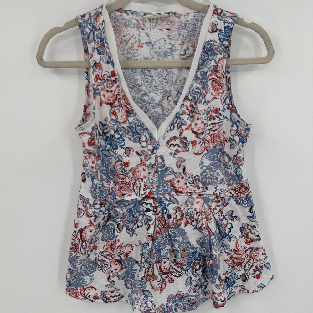 Deletta Sleeveless Top Blouse Womens Small White Red Blue Floral V Neck Peplum